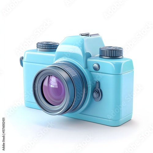 Light blue camera with lens and controls.