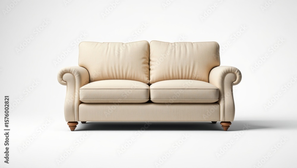 Fototapeta premium Elegant Cream-Colored Couch with Plush Cushions and Classic Design, Perfect for Modern Living Rooms and Cozy Spaces, Enhancing Comfort and Style in Any Home.