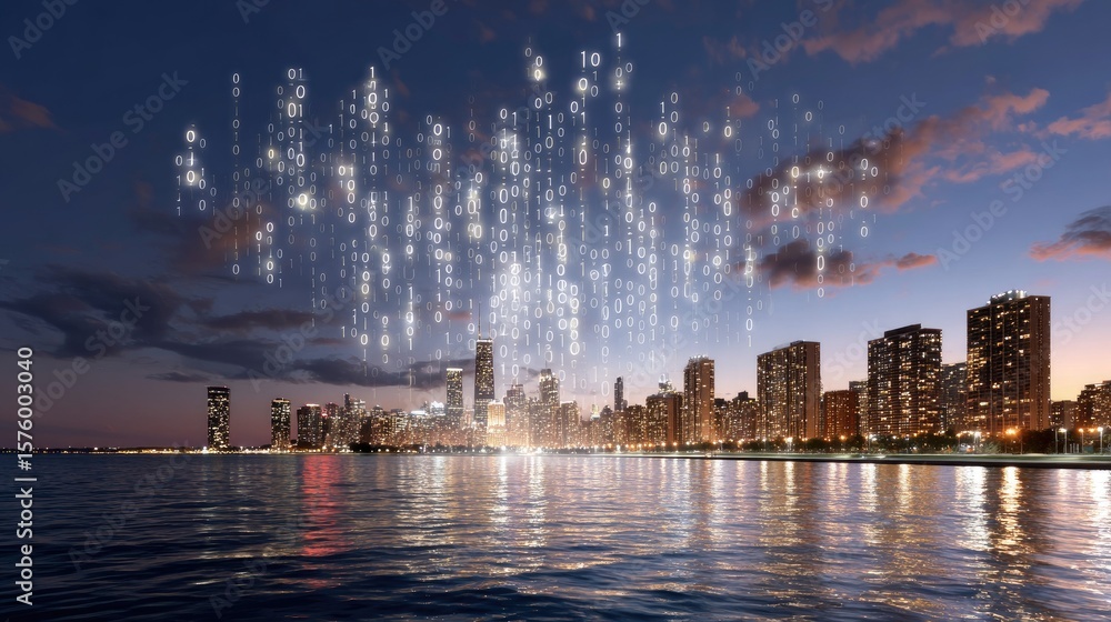 Obraz premium Cityscape at Dusk with Digital Binary Rain Over Water, Future Technology Concept and Urban Scene