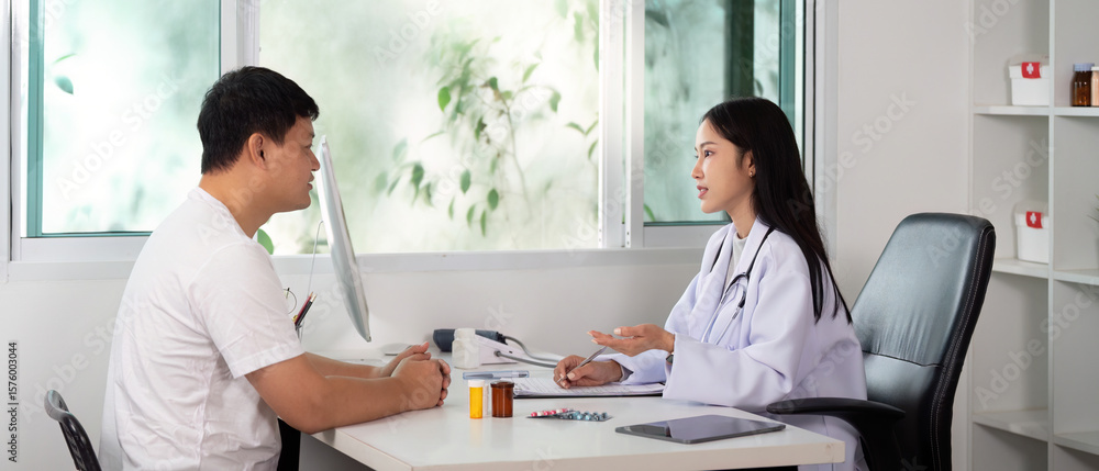 Fototapeta premium Healthcare Consultation. Doctor discussing treatment options with male patient in modern clinic.