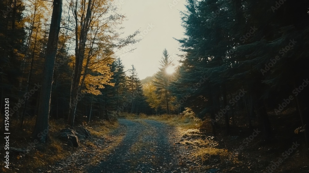 Obraz premium Sunlit forest path through autumn foliage.