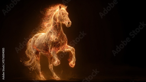 A powerful horse with glowing eyes and body surrounded by orange fire. Fiery equine power. Digital art for fantasy or mythical themes.