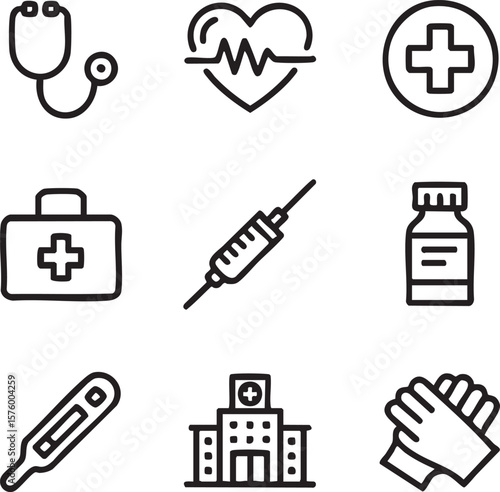 A set of 9 minimalist black line art icons representing medical and healthcare symbols medical icons