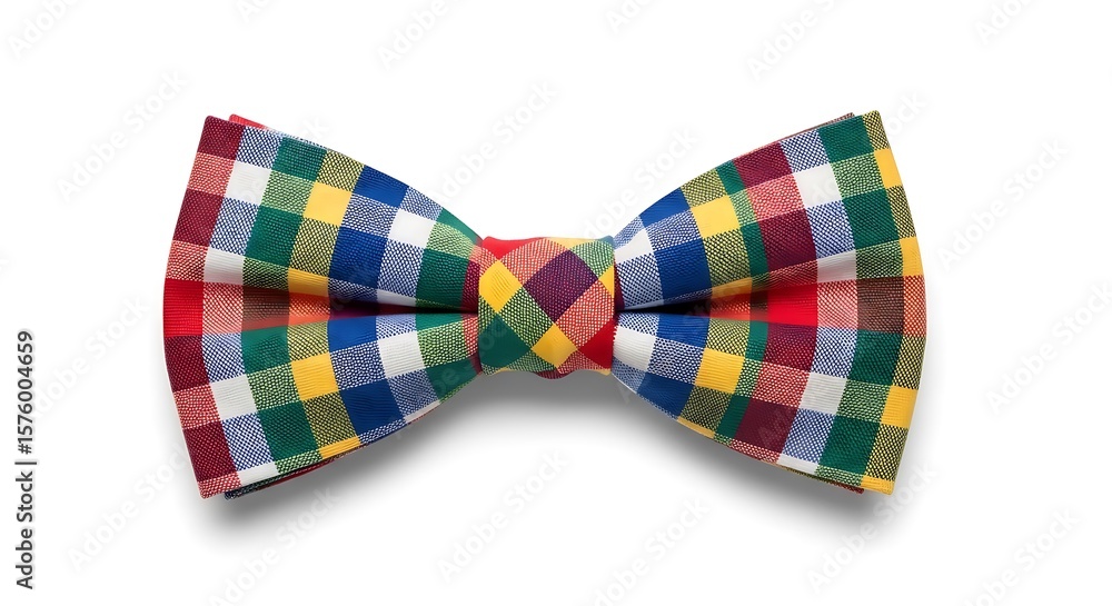 Vibrant multi-coloured gingham bow tie, playful and festive, isolated on white background; cheerful, celebratory style.
Vibrant multi-coloured gingham bow tie, playful and festive, isolated on white background; cheerful, celebratory style.