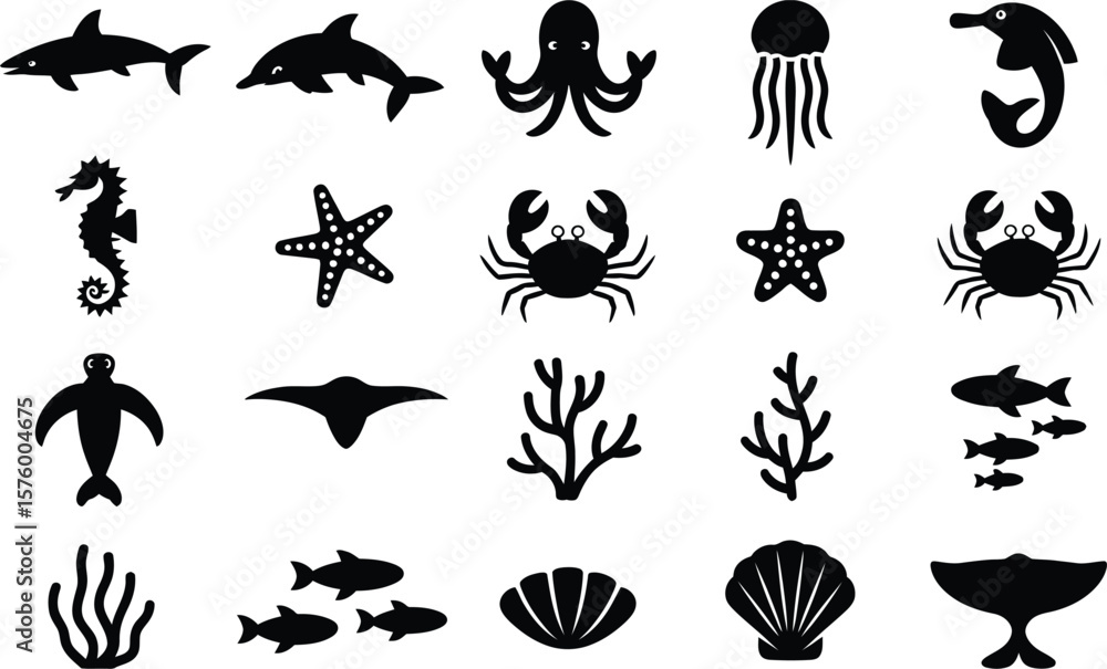 Fototapeta premium Black Silhouette Sea Creatures and Marine Life Icons on White Background