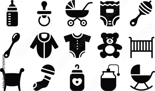 Black Baby Items Icons Bottle Pacifier Stroller Diaper Rattle Spoon Clothes