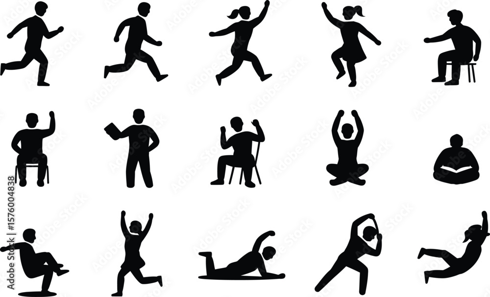 Naklejka premium Black Silhouettes of People in Various Activities and Poses on White Background