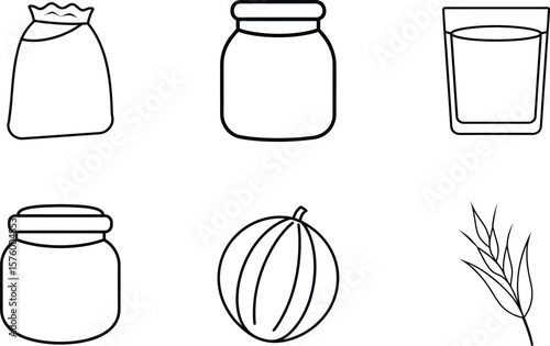 Food Jars and Seasonal Produce Line Art Vector – Bottle, Jar, Glass, Melon, Herb, Container – Clean Outline Icons