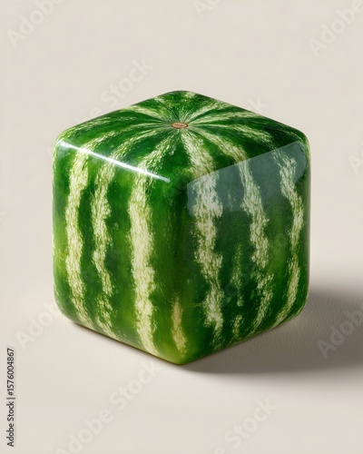 hyperrealistic square watermelon, detailed green striped skin, perfect cube shape, placed on a clean white background, studio lighting, sharp realistic texture, minimal and surreal composition