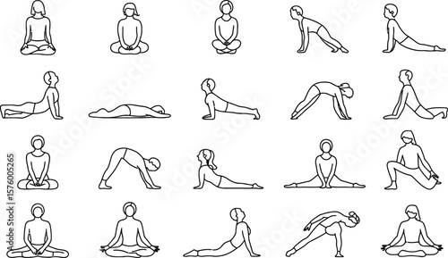Yoga Poses Outlined in Black on White Background exercise