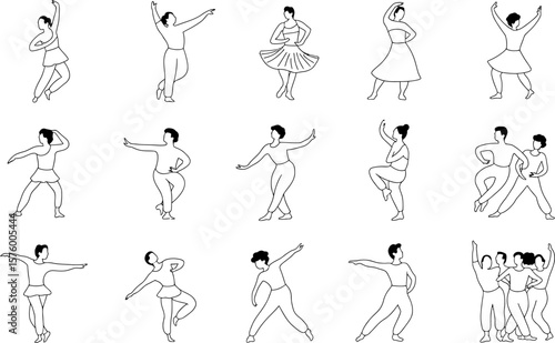 Fifty Dancers in Various Poses Black and White Illustration