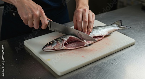 A person cutting a fish on a white cutting board with a knife on a stainless steel surface in a kitchen
