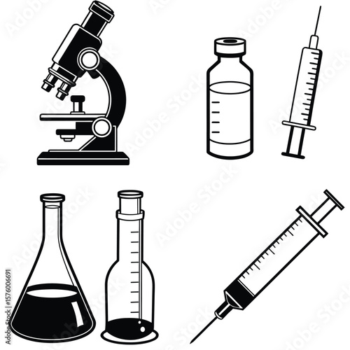 Vector art of a collection of scientific and medical illustration icons including a microscope, syringes, vials, and laboratory flasks