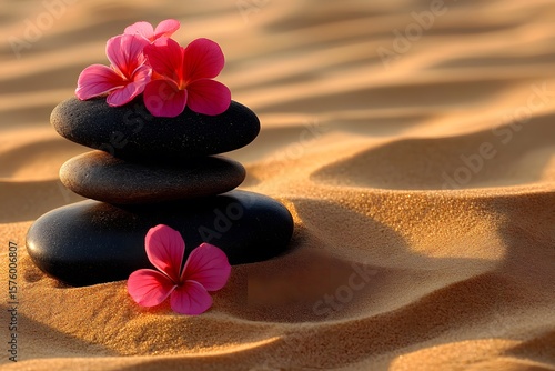 Serene Stacked Stones and Pink Flowers on Sand