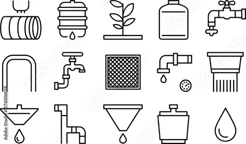 Water Filtration and Plumbing Icons in Black Outline Style