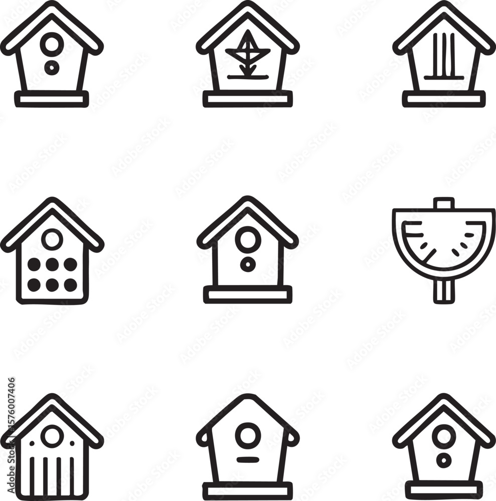 Obraz premium Black and white outline icon set of various birdhouses and a bird feeder vector