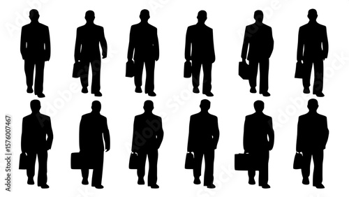 "Professional silhouettes of twelve men in business suits, each in a distinctive stance, standing or walking. Uniform spacing on a blank white canvas, grid-based layout, viewed from the front. Aesthet