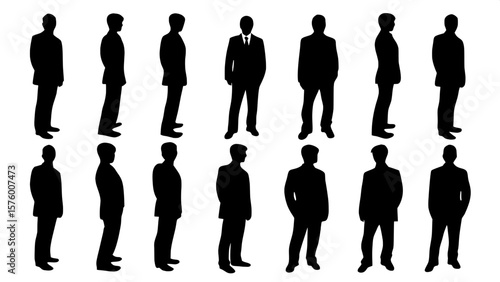 "Professional silhouettes of twelve men in business suits, each in a distinctive stance, standing or walking. Uniform spacing on a blank white canvas, grid-based layout, viewed from the front. Aesthet