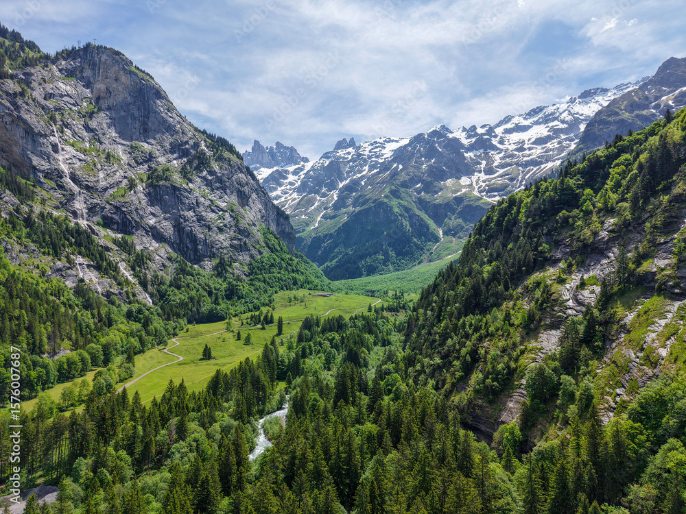 Fototapeta premium Drone view at the landscape of Engelberg in the Swiss alps