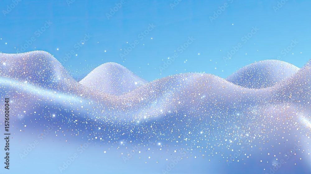Fototapeta premium Dreamy landscape with soft snow-covered hills under bright blue sky filled with sparkling stars and gentle clouds
