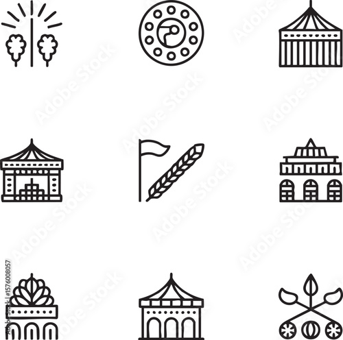 Black outline icon set featuring circus tents fireworks cotton candy and wheat big top