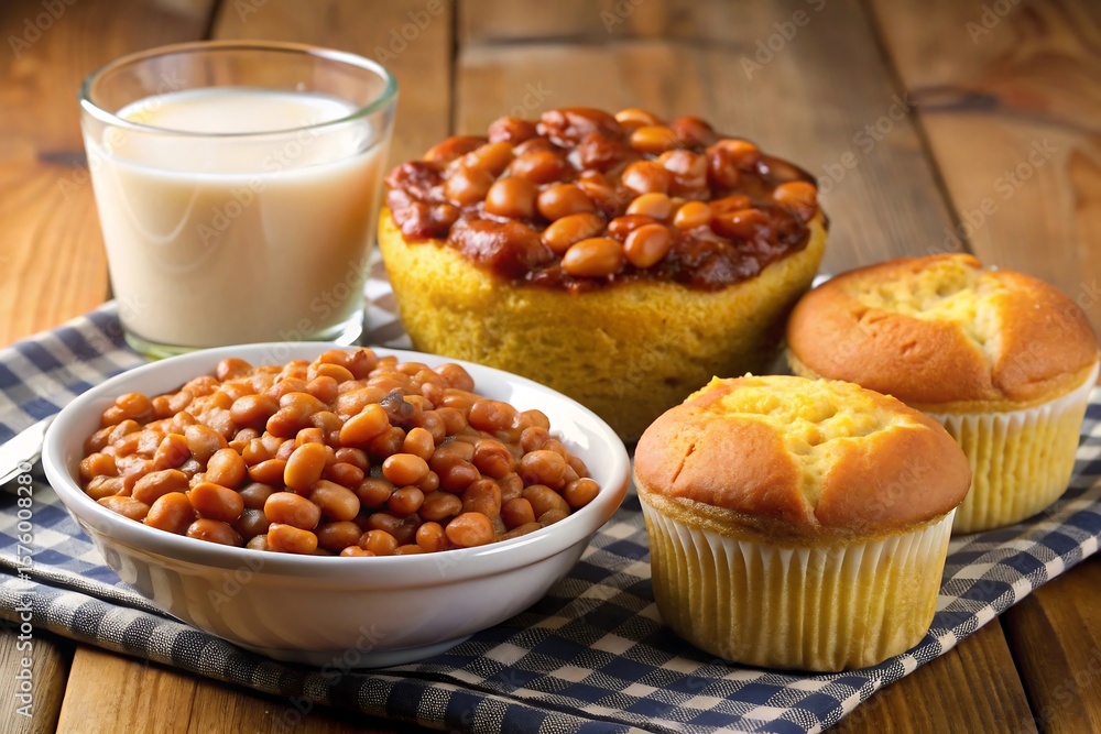 Fototapeta premium A bowl of baked beans sits beside cornbread muffins and a glass of milk