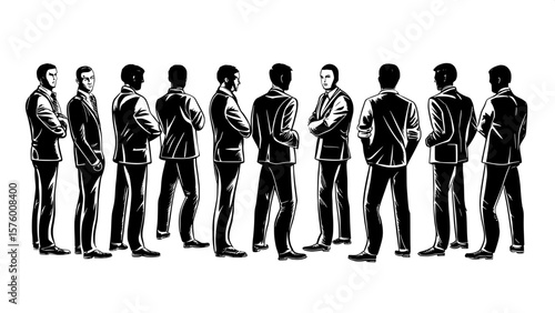 "Corporate-style silhouette illustration of 12 men in formal attire, arranged in a neat grid. Full-body views with diverse postures including side profile, hands behind back, or checking a watch. Pure