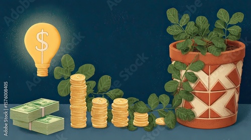 Growing Money Investment, Plant, Coins, Idea, Growth, Finance, Background, Illustration,  Business