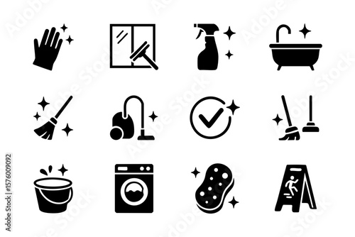 Cleaning service equipment and supplies icons set for home housekeeping and professional cleaning services silhouette