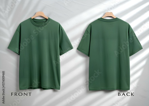 Green t shirt front and back view hanging on wooden hanger with shadow overlay