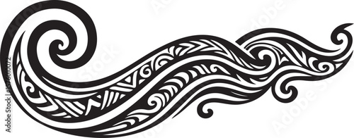 A striking black and white abstract tribal design featuring flowing curves sharp angles and intricate patterns reminiscent of polynesian or maori art forms