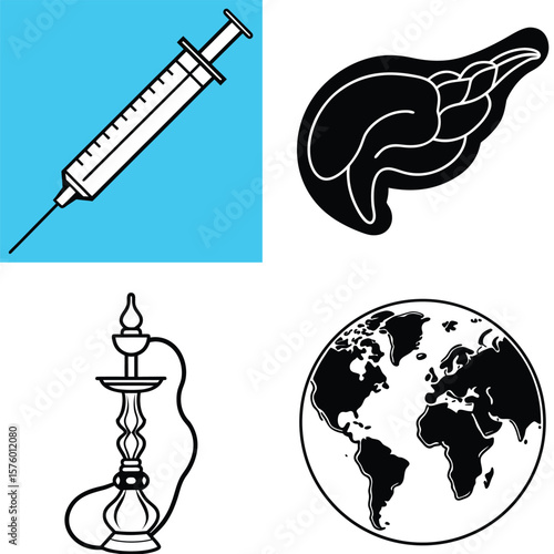 Vector art of a diverse set of icons representing medical procedures, human anatomy, culture, and the planet earth