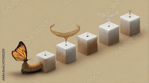 Butterfly metamorphosis stages on cubes, beige background, growth concept