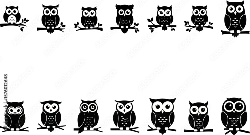Obraz premium Adorable Kawaii Black and White Owls on Branches: Cute Vector Illustration Set
