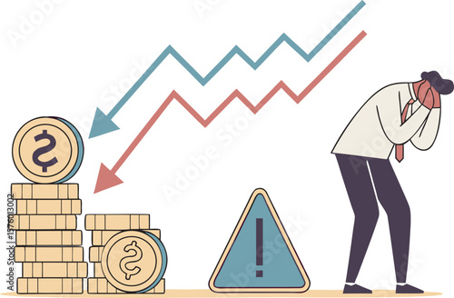 vector of stressed business person looking at downward graph or falling coin stacks