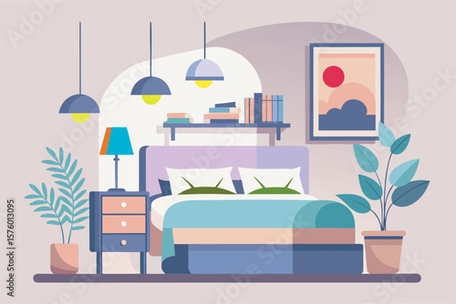 Vector illustration of a peaceful bedroom with bed