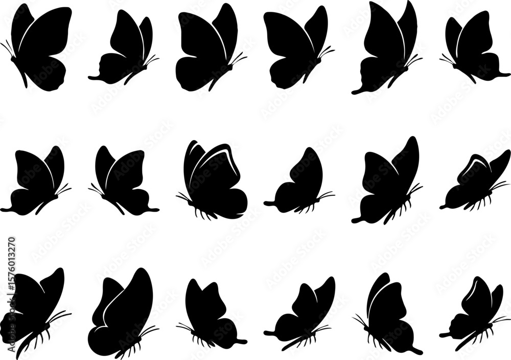 Fototapeta premium Elegant Black Butterfly Silhouettes: 18 Vector Graphics for Design EPS File