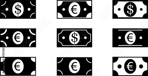 Dollar and Euro Banknote Icons: Black and White Set, Silhouette Vector EPS File