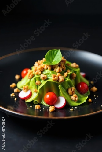Elegant black plate, haute cuisine salad, radish, nutty dressing, dark background, food photography, appetizer
