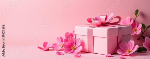 Elegant gift box with vibrant blooms on pastel pink backdrop, flower arrangement, pastel pink, present
