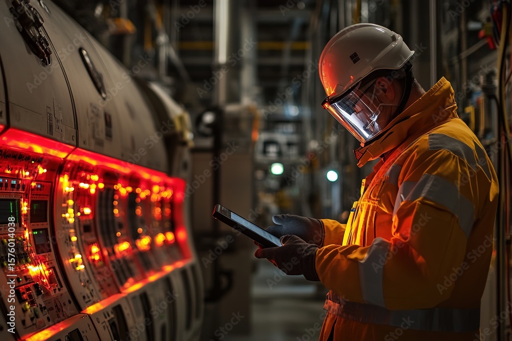 Worker in safety gear, wearing a helmet and face shield, is using a tablet while monitoring illuminated control panels in an industrial environment, showcasing modern technology and safety practices Worker in safety gear, wearing a helmet and face shield, is using a tablet while monitoring illuminated control panels in an industrial environment, showcasing modern technology and safety practices
