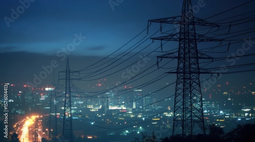 Power lines silhouetted against a city skyline at night, illuminated buildings in the background, showcasing urban energy and infrastructure in a vibrant metropolitan environment