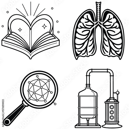 Vector art of a collection of science and health icons including an open book forming a heart, lungs, a magnifying glass with a molecule, and a distillation apparatus