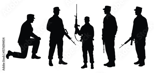 Shadowed Sentinel: A group of soldiers stands poised in stoic formation, each a silhouette against an undefined backdrop, evoking a sense of unwavering discipline and military readiness.
