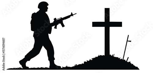 Remembering Sacrifice: A soldier walks by a cross on the grave, a solemn image of remembrance and tribute to fallen heroes, and silent tribute to those who made the ultimate sacrifice.