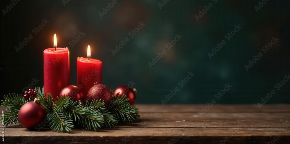 Rustic wooden table, copper candles, Christmas baubles, Advent wreath Dark background , wreath, christmas baubles, winter Rustic wooden table, copper candles, Christmas baubles, Advent wreath Dark background , wreath, christmas baubles, winter