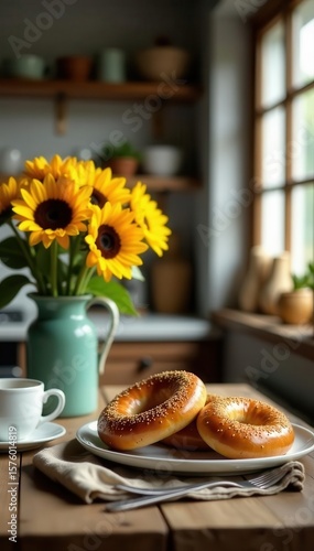 Rustic kitchen, wooden table, bagels, sunflowers, coffee , still life, shadow, coffee