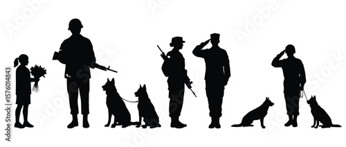 Honoring the Heroes: Silhouetted figures, a symbol of respect for military personnel and loyal canine companions, in a patriotic and symbolic illustration, evoke feelings of service and sacrifice.