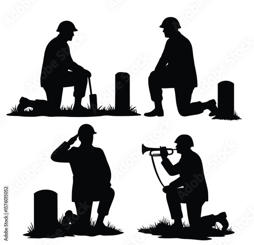 Solemn Tribute: Silhouetted figures of soldiers pay homage, representing dedication and respect amidst tombstones, evoking a poignant moment of remembrance.