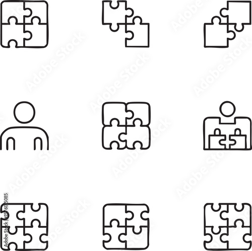 Nine minimalist line art icons featuring puzzle pieces and human figures icon set jigsaw
